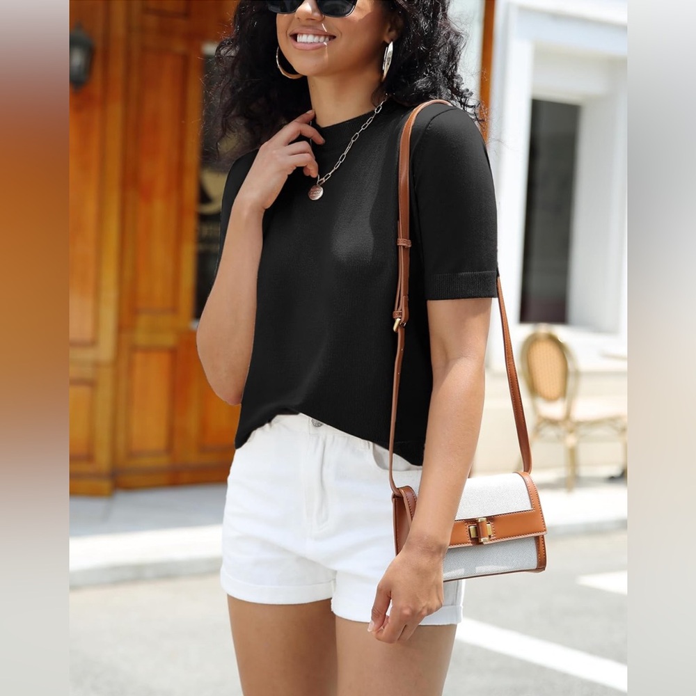 Short Sleeve Sweater Tops Summer Lightweight Crew Neck Pullover Black Blouse